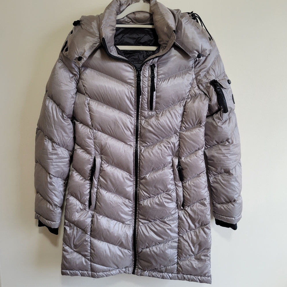 Andrew Marc Premium Down Silver Black Zip Winter Puff Trench
